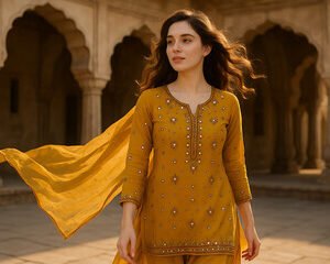 Women Clothing/Printed Notch Neck Straight Kurti Farshi Salwar with Dupatta