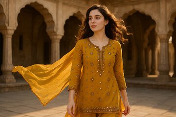 Women Clothing/Printed Notch Neck Straight Kurti Farshi Salwar with Dupatta